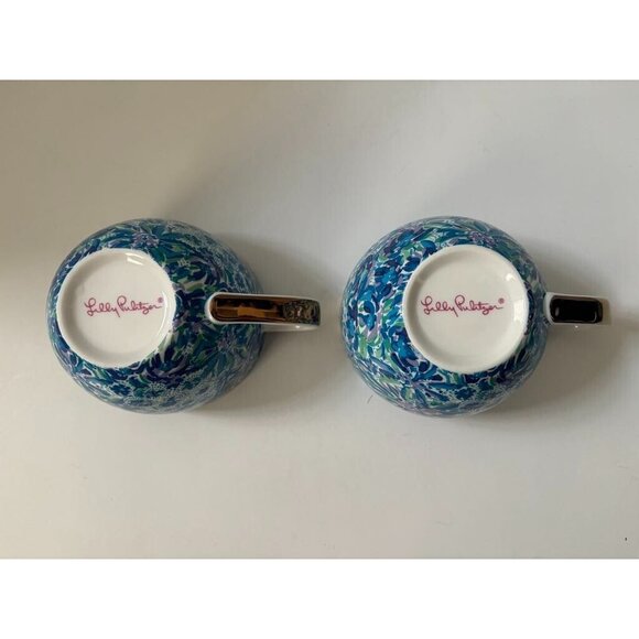 LILLY PULITZER Hidden Cat Floral Set of 2 Coffee Mug 12 oz Blue Purple Gold Trim - Picture 6 of 7